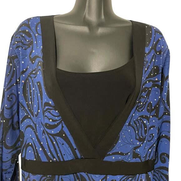 Lane Bryant Womens Blouse Size 18/20 Blue Black Silver Sparkle Tie Back Shirt - Picture 3 of 11